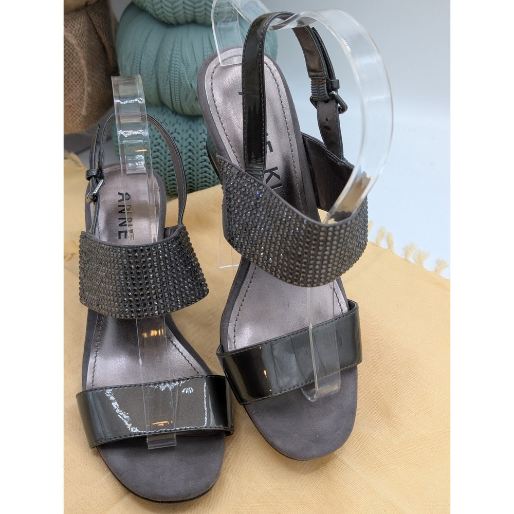 Anne Klein Elisha Wedge Sandals 7.5 M Pewter Grey Rhinestone Slingback Glam EUC